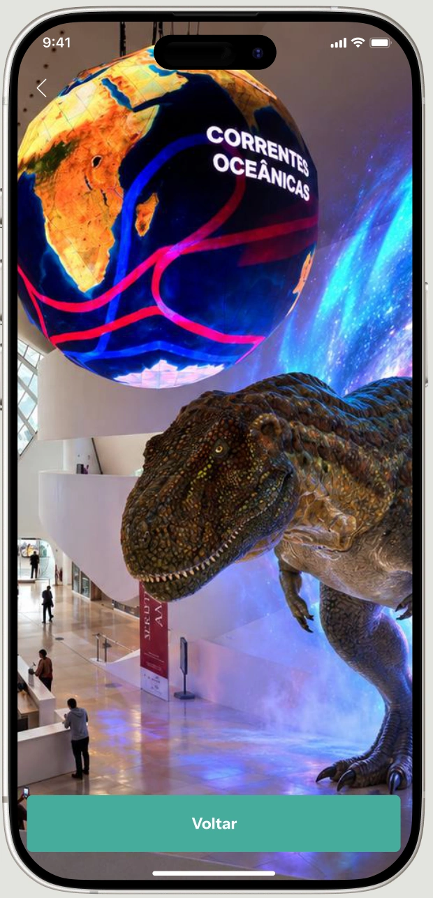 Experiência de realidade aumentada com correntes oceânicas e dinossauro
